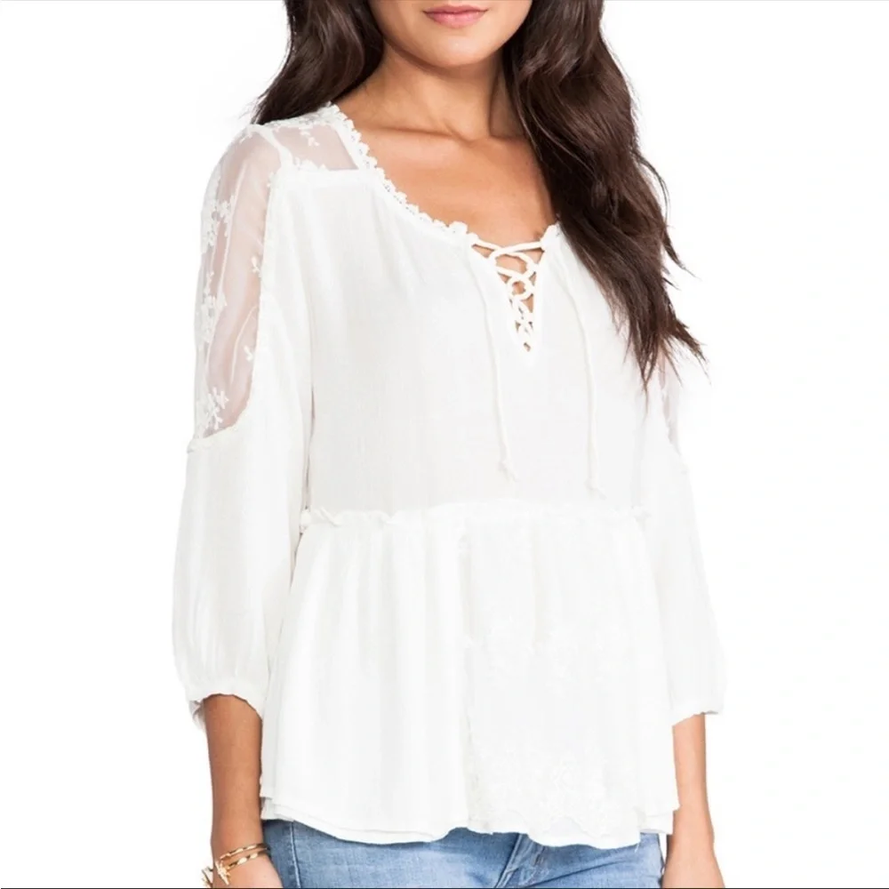 Free People Romance of the Rose Ivory Sheer Lacey Lace-Up Tunic Size XS